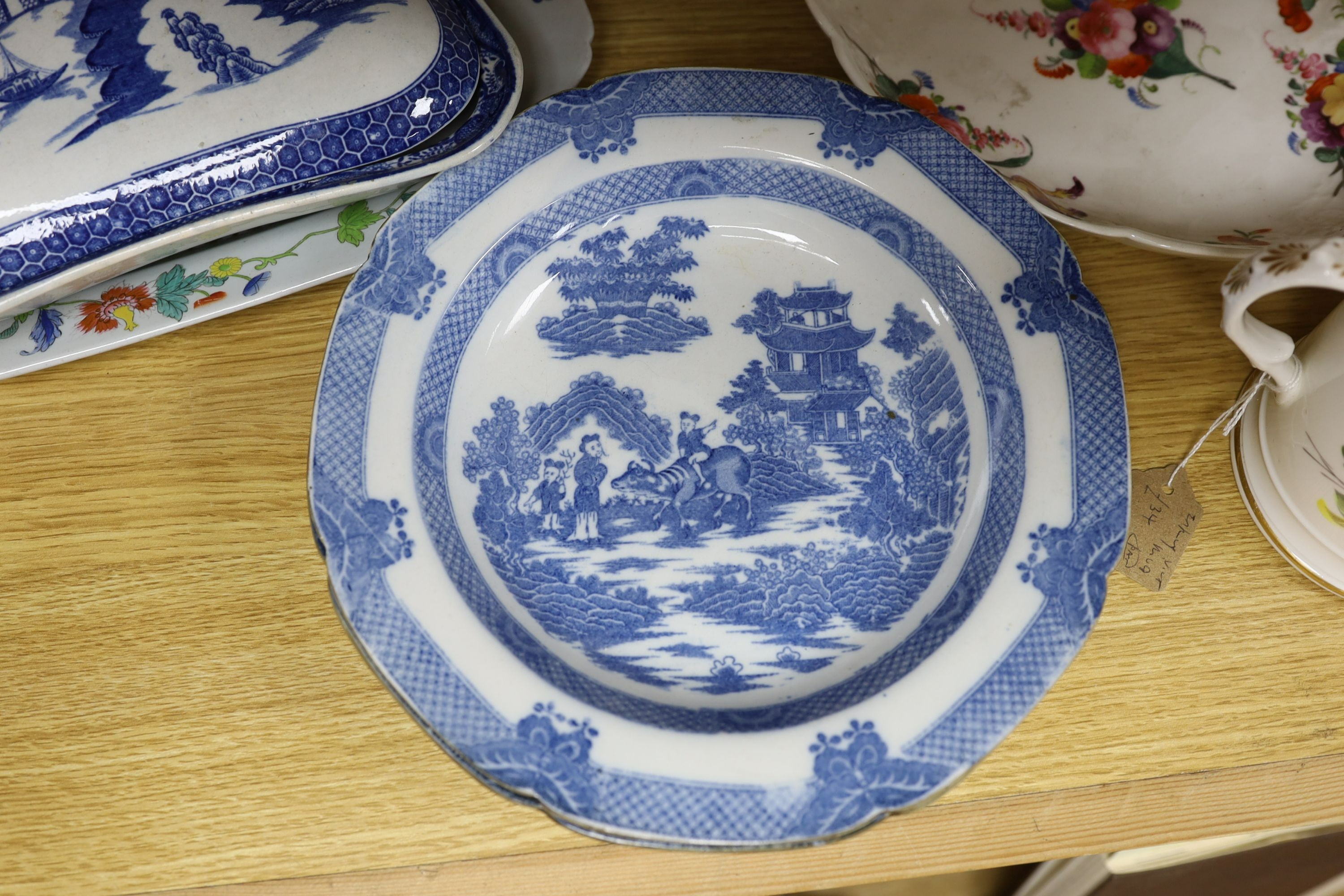 A pair of early 19th century pearlware plates, Leeds pottery tureen and cover, Coalport dessert dish. Spode serving plate and two mugs